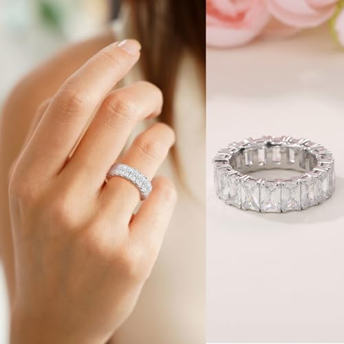 Eternity Band Rings for Women, Radiant Cut 5A Cubic Zirconia Rings, White Gold Wedding Band for Women, Hypoallergenic Promise Ring Engagement Jewelry Gift, Size 5-103