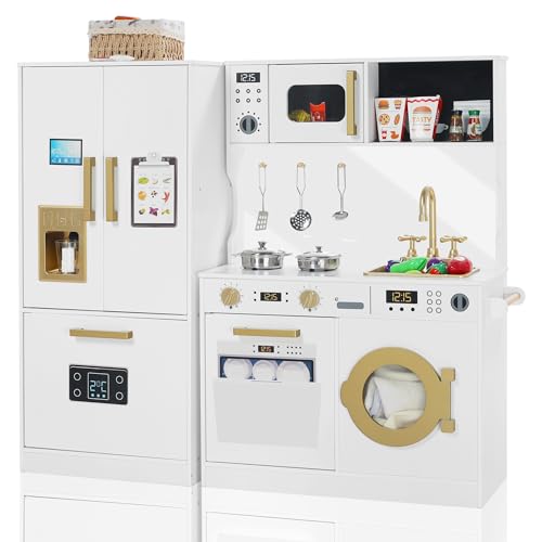 TODEFULL Play Kitchen Sets for Kids, Pretend Wooden Kids Kitchen Playset, Interactive Toy Kitchen with Freezer, Washing Machine, Ice Maker & Large Storage Space, for Boys Girls Ages 3+, White