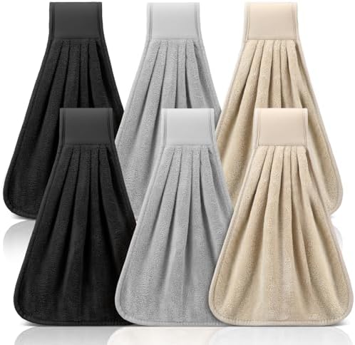 Breling 6 Pcs Kitchen Hanging Towel with Hanging Loop Absorbent Coral Fleece Kitchen Tie Towels Rustic Bathroom Dish Cloth Soft Thick Dry Cleaning Hand Dishcloths for Home Bathroom Cooking(Classic)