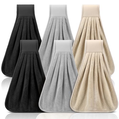 Breling 6 Pcs Kitchen Hanging Towel with Hanging Loop Absorbent Coral Fleece Kitchen Tie Towels Rustic Bathroom Dish Cloth Soft Thick Dry Cleaning Hand Dishcloths for Home Bathroom Cooking(Classic)