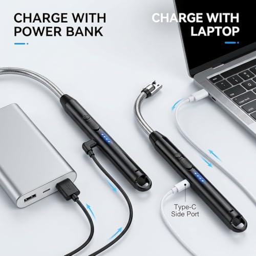 Image of Electric Gas Lighter | C-Type Charge, LED Battery Display, 360 Flexible & Windproof | Gas Stove, Candles, Pooja, Kitchen | Free Adhesive Hook (Assorted Colour)