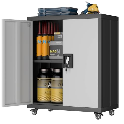 LUCYPAL Metal Storage Cabinet with 2 Doors,Steel Storage Cabinet with Adjustable Shelves and Wheels,Locking Tool Cabinets for Office,Home,Garage,Black&Grey 31.5" H