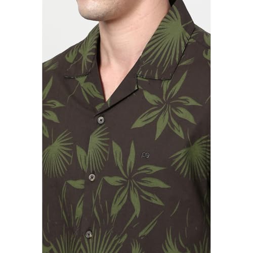 Image of Peter England Men's Cotton Blend Classic Fit Floral Print Casual Shirt | Cuban Collar, Half Sleeves | Casual Wear