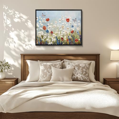 Image of Wildflower Field Framed Canvas Wall Art, 4th of July Red White Blue and Butterfly Canvas Prints, Rustic Landscape Patriotic Decorations, Independence Day Wall Decor for Bedroom Living Room 24x32