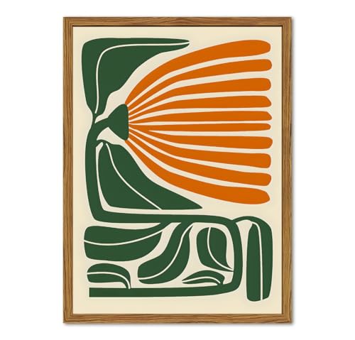 Framed Boho Floral Wall Art Mid Century Modern Flower Canvas Wall Decor Pictures Green and Orange Abstract Botanical Paintings Poster Prints Eclectic Home Decor for Living Room Bedroom 12x16 inch