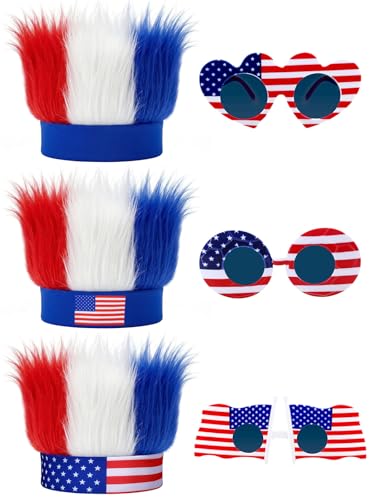 BOARDFEB 4th of July Accessories Kit, Hairy Headband Red White Blue Glasses 4th of July Outfits for Football Games National Holidays Memorial Independence Day Party Costume Photo Prop