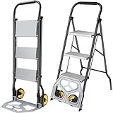 POWSTR Carretilla Plegable & Escalera 3 Peldaños,2 in 1 Aluminio Carretilla de Carga con Ruedas Plegables para Llevar Equipaje,La Taburete Escalera Plegable Tiene Pedales y Puede Soportar 100 kg