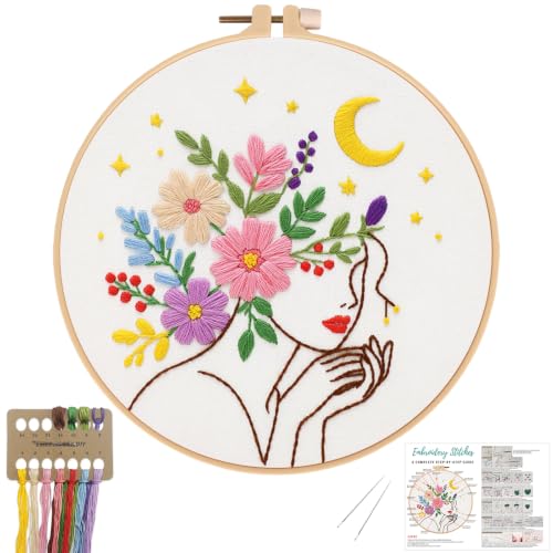 Image of Nuberlic Embroidery Kit for Beginner,Floral Woman Embroidery | Complete Embroidery Supplies, Needlepoint Kit with 7.9Inch Hoop, Stamped Fabric, Threads, Needles and Instructions