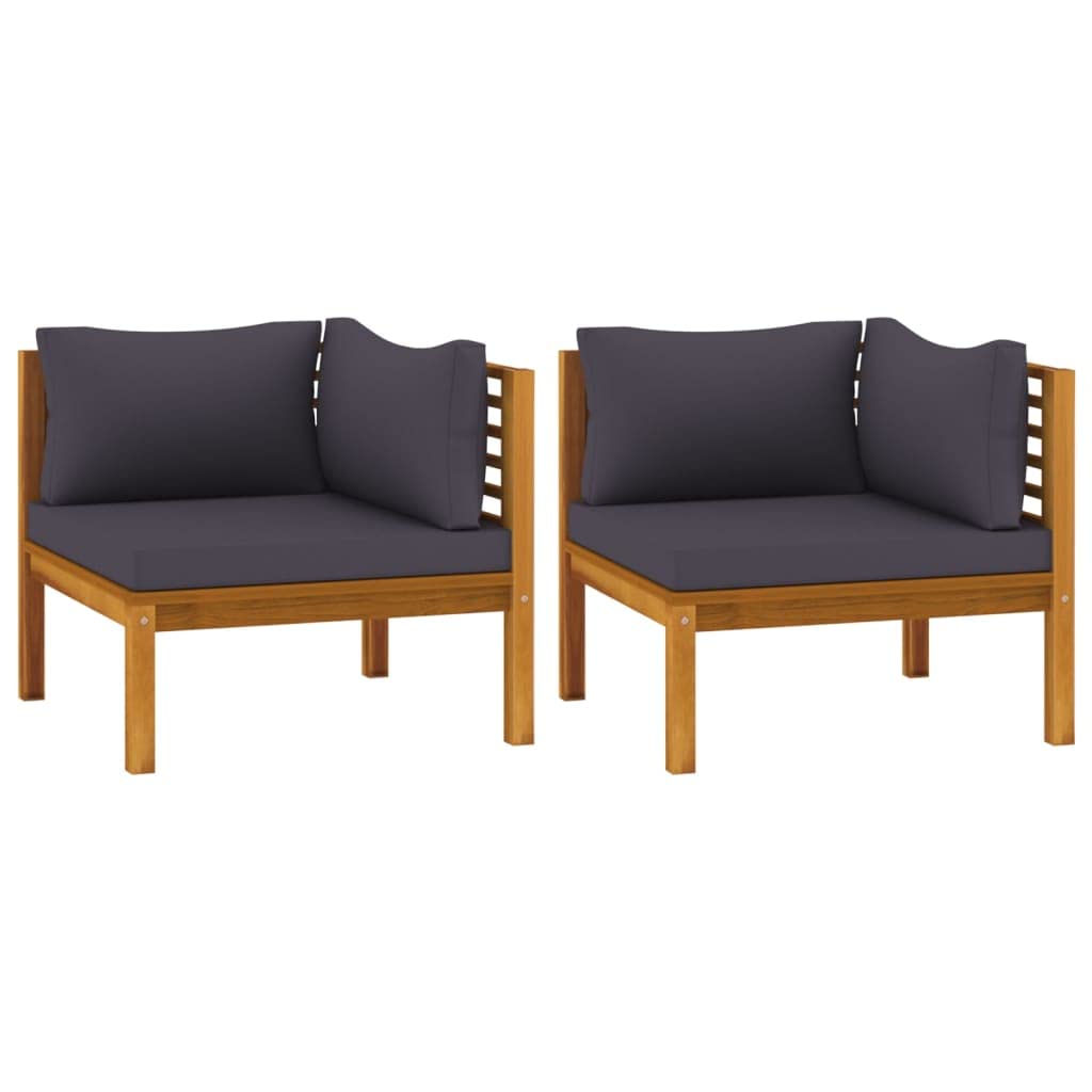 FIRBNUS Juego de 2 sofás esquineros con cojines de color gris oscuro para silla de jardín, muebles de exterior, salón de jardín exterior de madera maciza de acacia