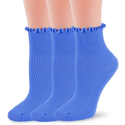 Image of Women Ruffle Crew Socks Lightweight Thin Stripe Turn-Cuff Cute Girls Cotton Socks 3 Pairs