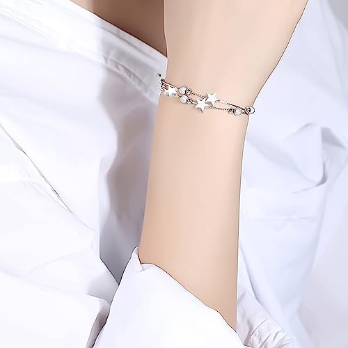 Damen Armband Layered Armband Doppelt Kette Armband Damen Silber 925, Das Geschenke für Frauen, Charms Personalisierter Schmuck, Einstellbar ArmbäNder Damen Armband für Frau Armkette Edelstahl