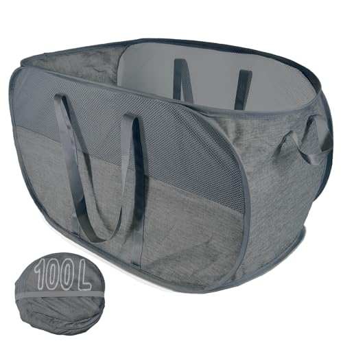 Image of Upgraded 100L Collapsible Laundry Basket, Extra Large Mesh Pop Up Laundry Hamper, Dirty Clothes Hamper with long Handles, Pop-up Hampers for Laundry Travel. Dorm or Home Portable Laundry Basket. Black