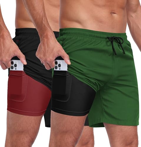 Zoofly Mens Swim Trunks 2 in 1 Board Shorts Quick Dry Swim Shorts with Zipper Pockets Surf Shorts with Compression Liner Black Army Green L