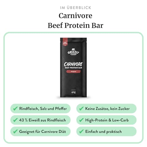 Grizzly Foods • Carnivore Beef Bars (5 x 40g) • 100% Rindfleisch • Über 40% Protein • Ohne Zucker & Zusätze • High Protein Low Carb Snack • Fleischriegel für Sport, Fitness, Muskelaufbau & unterwegs