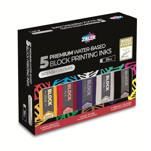 5 Water-Based Block Printing Inks | Black Blue Red White & Yellow | 38ml High Concentration Tubes | Easy-to-Mix | High Opacity - by Zieler