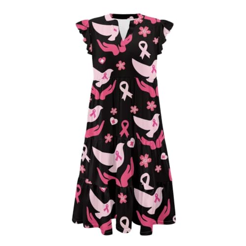 Image of Women's Casual Ruffle Sleeve Dress V Neck Pullover Dress Flowy A-Line Pleated Lightweight Dress with Pockets