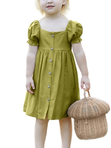Linen Dress Girl Ruffles Short Puff Sleeve Vintage Toddler Princess Dress Front Wood Buttons Casual Dress for Girls