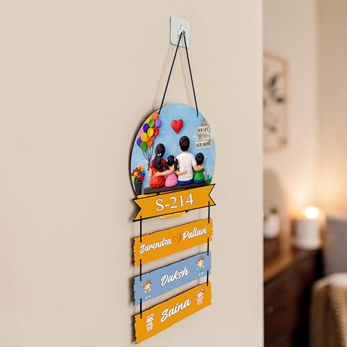 Image of P Arts Personalized Family Name Plate with 3D Illusion UV Print | Customized Wooden MDF Name Board for Indoor Home Entrance | Includes Self-Adhesive Sticky Hook for Easy Installation (Couple + 1 Boy & 1 Girl)