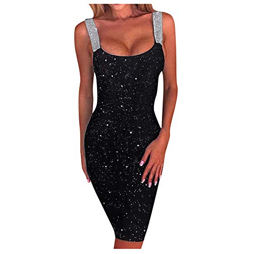 Aniywn Women Ladies Slim Fitted Glitter Sequins Sheath Dress Sexy Sleeveless Cocktail Party Midi Dress Club Dress Black