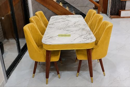 Image of WOODEN SPACE 6-Seater Wooden Dining Table Set | Nano Composite Marble Top | Solid Wood Base | Modern Dining Room Furniture with 6 Chairs (Yellow Frontline)