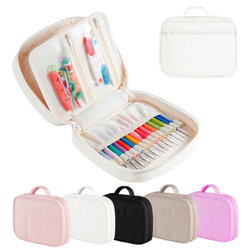 Crochet Hook Case Lightweight Crochet Hook Organizer with Clear Zipper Pockets Crochet Hook Holder for Knitting Needle Storage Gift for Women and Crochet Enthusiasts (Beige)
