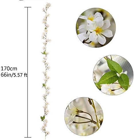 JUSTOYOU 2 Pcs 5.7FT Artificial Sakura Cherry Blossom Flowers Hanging Vine Fake Sakura Garland Fake Oriental Cherry Wreath Home Garden Party Wedding Decor (Cherry White, 2 PCS)