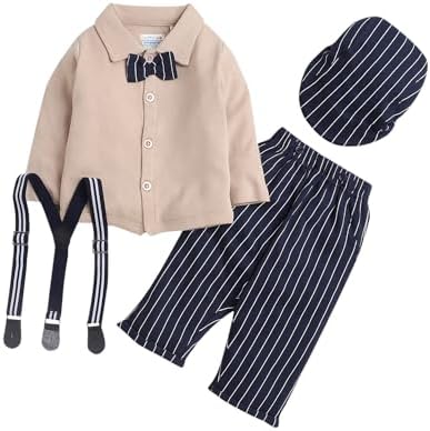BUMZEE Beige & Navy Boys Full Sleeves Shirt Pant Set With Suspender & Cap (Peb9079)