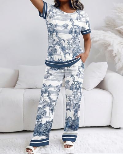 Image of CHICME Womens Pajamas Sets 2 Piece Short Sleeve Lounge Set Printed Loose Pants Pj Sets Loungewear Set