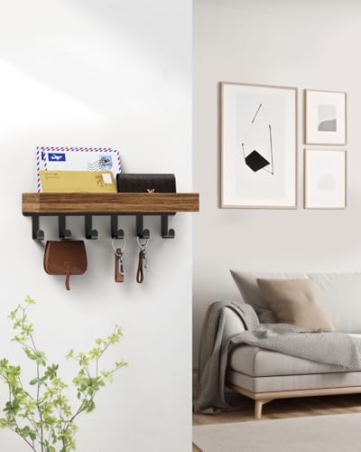 Image of Key Holder Wall Mount Magnetic Adhesive, Key Hooks Rack with Shelf | Key Hanger with Mail Organizer for RV Camper Fridge Living Room Decor, Home Essentials, Rustic