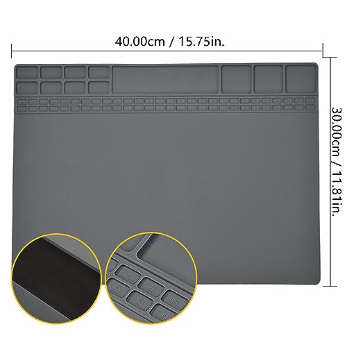 Image of Yankok [Magnetic Anti-Static Mat Gray 15.8 x 11.8 in.] Table Desk ESD Grounding Mats Silicone Solder Pad Electronics Repair Platform with Screw Notches (40 x 30 cm, Heat Resistant, Magnetic Organizer)