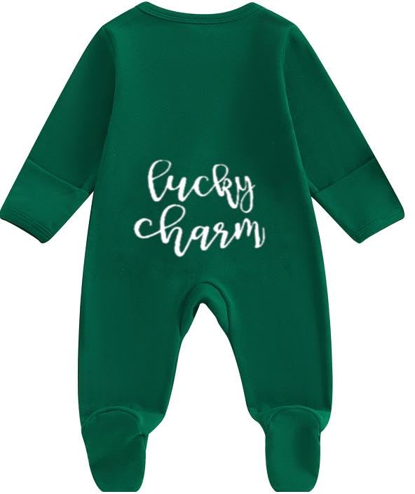 MOLZULAMS My First St.Patricks Day Baby Girl Boy Outfit Lucky Charm Long Sleeve Footie Romper Zip Up Jumpsuit Cute Clothes (Lucky Charm Green, 6-12 Months)