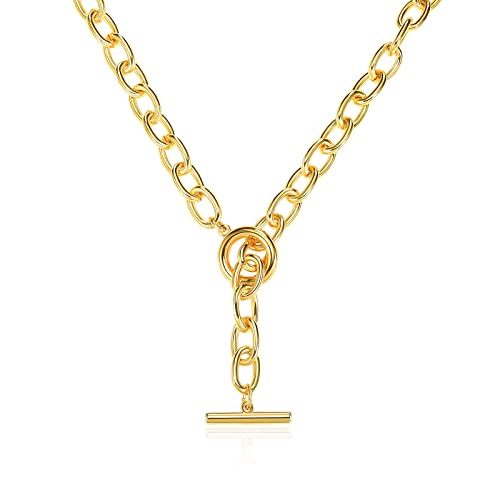 Toggle Gold Chain Necklace Women: 14K Gold Plated Cable Chain Clasp Dainty Simple Circle Link Bar Pendant - Silver Paperclip Cool Adjustable Modern Trendy Fashion Jewelry For Girls Teens Women Men (Gold) #TOP5