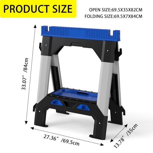 ZYJOYY Saw Horses 2 Pack Folding Heavy Duty ,Includes 4 Sawbucks, 2500 LBS Total Load Capacity, Built-In Tool Tray & Cord Hooks, Metal Folding Saw horse for Woodworking