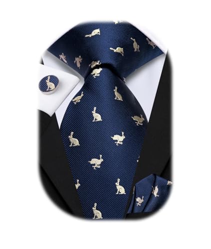 Hi-Tie Easter Rabbits Ties for Men Dark Blue Silk Jacquard Funny Necktie Pocket Square Cuff-links Sets Holiday Festival
