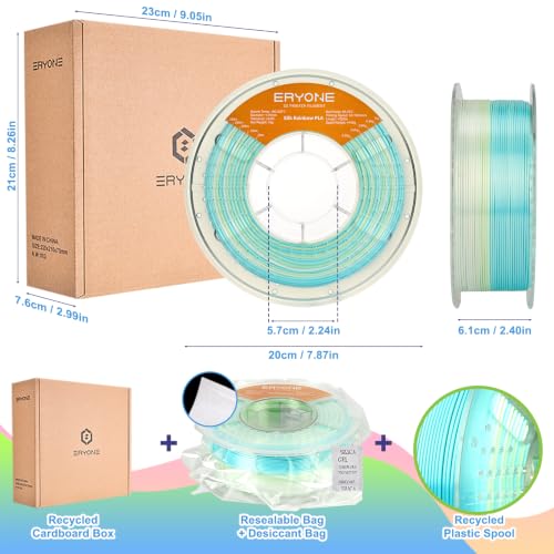 Image of ERYONE Silk Rainbow 3D Printer PLA Filament 1.75 + /- 0.03mm, Shiny Multicolor Filament PLA Fast Color Change 1KG(2.2LBS), Glacier Mint