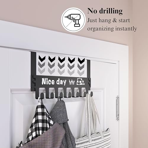 Image of Powder Coated Over the Door Hook Hanger | Heavy Duty No Drill 7 Hook Organizer | Space Saving Door Hanger for Bedroom, Bathroom, Kitchen & Home Storage - Black (Pack of 2)