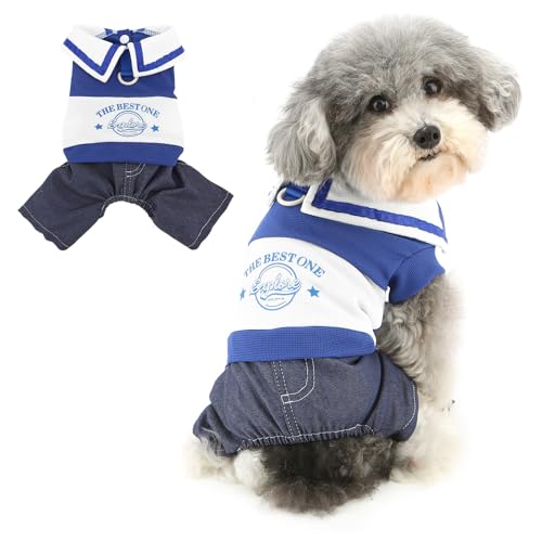 RANPHY 犬 服 春 夏 超小型犬 小型犬 犬の服 つなぎ カレッジスタイル 子犬 ジャンプスーツ衣装 グラフィックシャツ デニムパンツ 犬用ロンパース かわいい 四つ足の服 春夏服 猫服ペット洋服 Dリング付部屋着お散歩撮影写真,ブルー,XL
