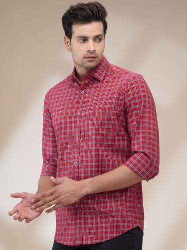 Image of Colorplus Men Regular Fit Checks Pattern Pure Cotton Plain Collar Full Sleeve Casual Shirt