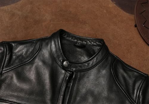 Men's Leather Jacket, Stand Collar, 1.4mm Wax Dyed Cowhide, Biker Suit4