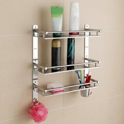 Image of GLOXY Premium Stainless Steel 3 Tier Bathroom Organizer Shelf - Wall Mount Bathroom Shelf with Tumbler Toothbrush Holder & Heavy Duty Multipurpose Hooks with Chrome Finish Bathroom Accessories