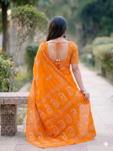Image of Women's Pure Cotton Printed Saree with Traditional Batik Inspired Border Design, Soft Lightweight Daily Wear Saree with Unstitched Blouse Piece for Festive, Casual and Office Wear
