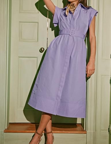 Image of Haellun Women's Elegant Dress Classy Turn Down Collar Shirt Dress with Belt Short Wing Sleeve Trench Coat(Purple,M), Medium
