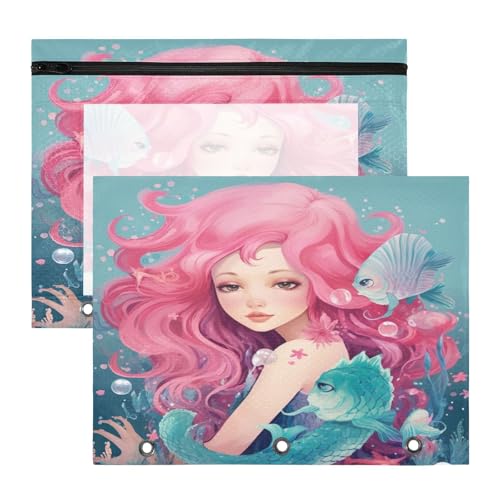 Blueangle Bolsa de lápis havaiana sereia para fichário de 3 anéis, 2 pacotes com bolsa de lápis com janela transparente para documentos com zíper para escritório (644)