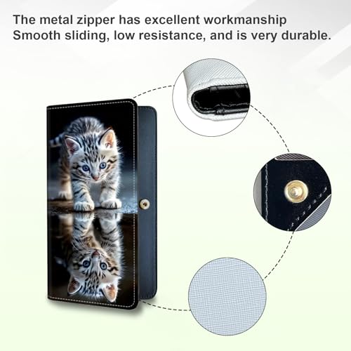 Long Women Wallet, Ultra Slim Thin Wallet for Women, RFID Blocking PU Leather Credit Card Holder, Multi-Card Slots Business Travel Bifold Clutch, Reflection Cat4