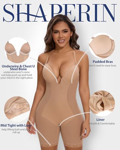 Image of SHAPERIN Backless Shapewear Strapless Bodysuit Bra Fajas U Plunge Tummy Control Low Back Full Body Shaper Corset for Women
