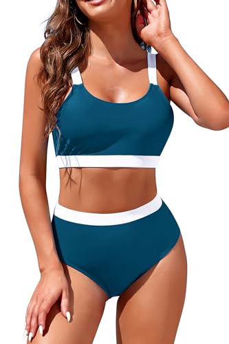 Image of Womens High Waisted Bikini Sets Sporty Crop Top Color Block Swimwear Bandeau Scoop Neck Vintage Two Piece Bathing Suits