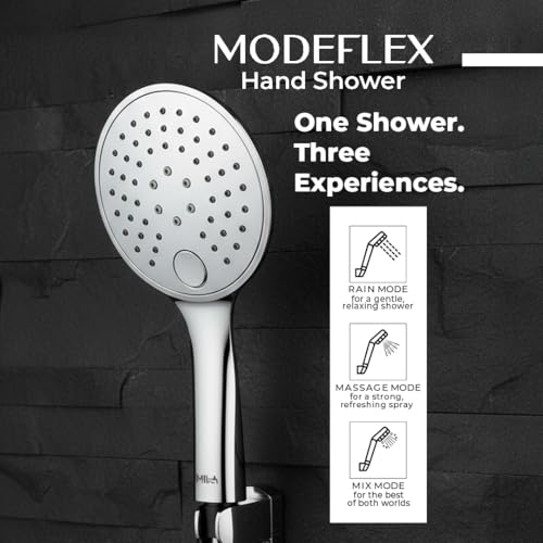 Image of Mila Modeflex 3-Function Hand Shower | Rain, Massage, Mixed Spray Modes | Chrome Finish |Modern Design | Includes Hose (1.5m), Bracket & Installation Kit
