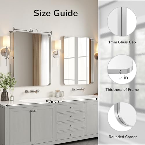 Image of USHOWER Brushed Nickel Bathroom Mirror 22 inchx30 inch, Silver Rectangle Mirror for Over Sink, Rounded Corner, Aluminum Frame, Anti-Rust, Tempered Glass, Horizontal or Vertical Mounted