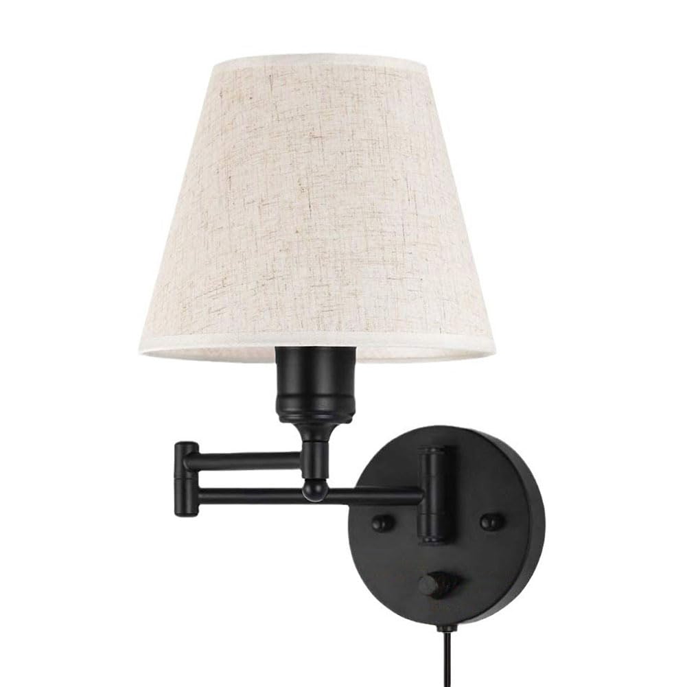 Langer Arm Wandlampe mit Schalter und Kabel Verstellbare Wandleuchte Schalter Dimmbar Wandleuchten Stoffs Lampenschirm Leinen Wand Leselampe Schwenkarm Schwarz für Wohnzimmer Schlafzimmer