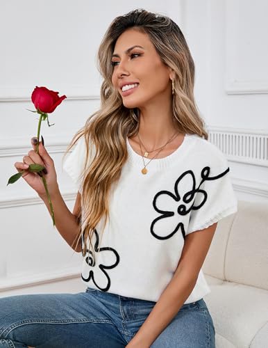 Image of Libsorge Womens Cute Flower Cap Sleeve Sweater Vest Spring 2025 Lightweight Ribbed Knit Crewneck Knit Top